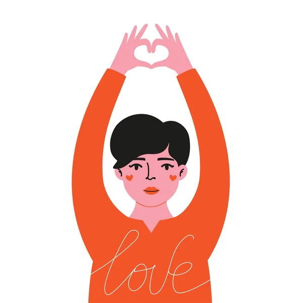 Vektorová ilustrace se ženou ukazující znak srdce a kaligrafie slovo láska na červené košili. — Stockový vektor