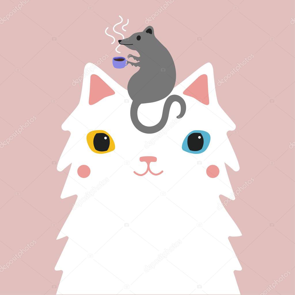 Vector illustration with grey rat holding hot coffee cup and white colored eyes cat.