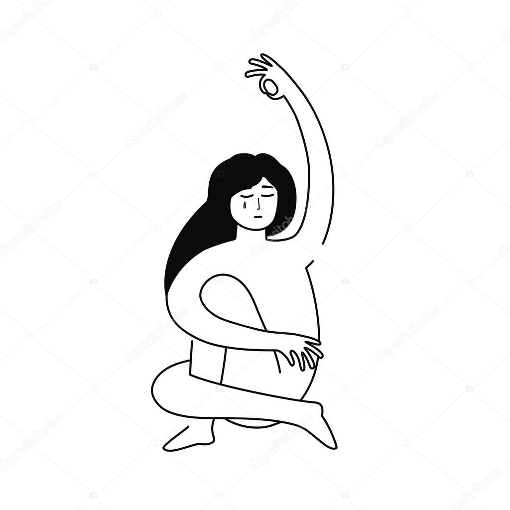 Vector illustration with crying woman showing OK hand sign.