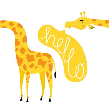Vector illustration with long neck giraffe, yellow speech bubble