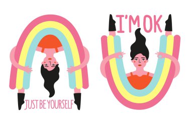 Vector set with girl in rainbow style pants. I'm okay and Just b
