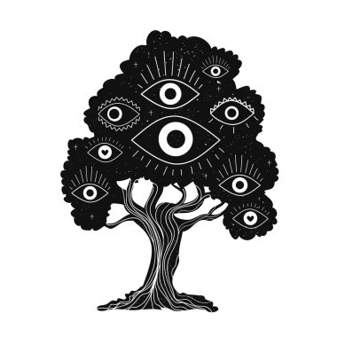 Vector black white illustration with magic tree and eyes. Spirit