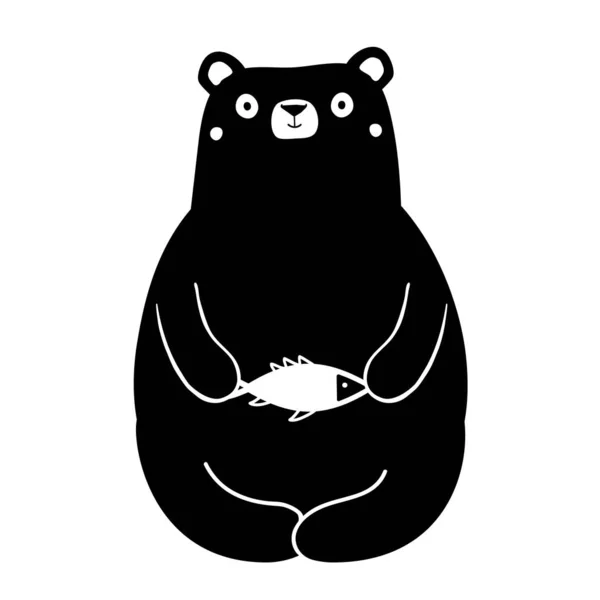 Vector illustration with hungry cartoon bear holding small white — ストックベクタ