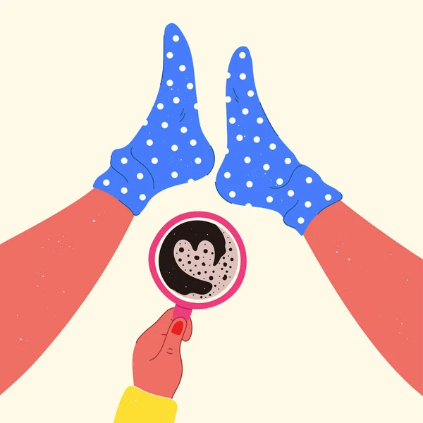 Vector illustration with female hand holding mug with coffee and — Stock Vector