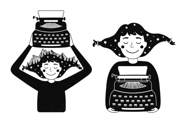 Vector hand drawn style set with happy girl with black retro typ — 图库矢量图片