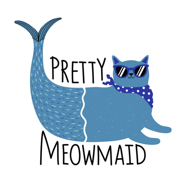 Vektorová ilustrace s modrou kočkou s rybím ocasem ve slunečních brýlích — Stockový vektor