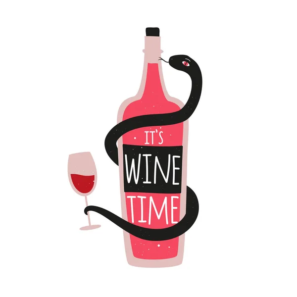 Ilustracja wektora z butelką czerwonego wina, czarny wąż gospodarstwa — Wektor stockowy