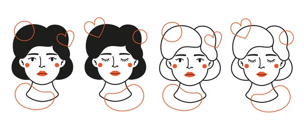 Illustration vectorielle avec têtes de femmes et éléments abstraits rouges — Image vectorielle
