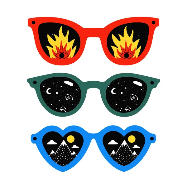 Vector illustration set with red, green and blue sunglasses. Fla — 스톡 벡터