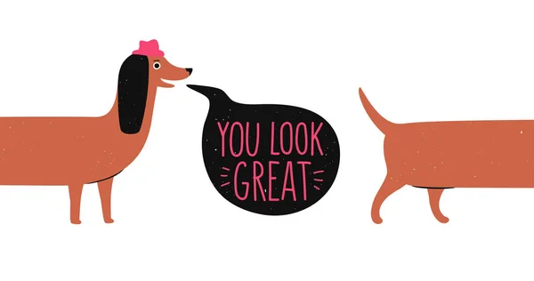 Divertida ilustración vectorial con dachshund de cuerpo largo marrón en rosa — Vector de stock