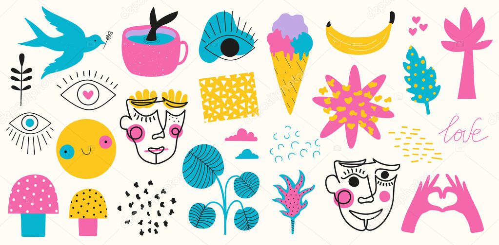 Big vector set of hand drawn style elements and doodle objects. 