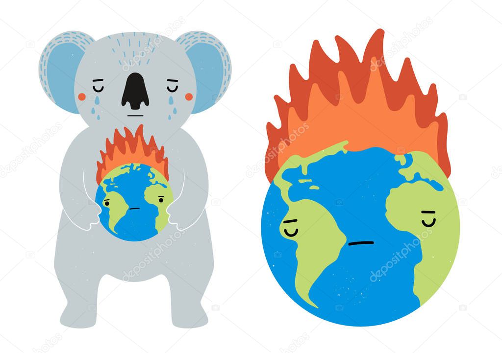 Vector illustration of sad koala animal with blue earth globe on