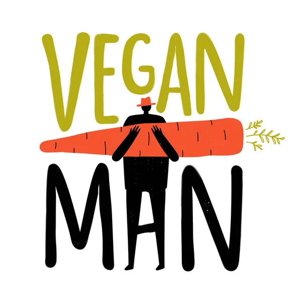 Vektorová Ilustrace Mužem Držícím Oranžovou Mrkev Vegan Man Píše Slova — Stockový vektor