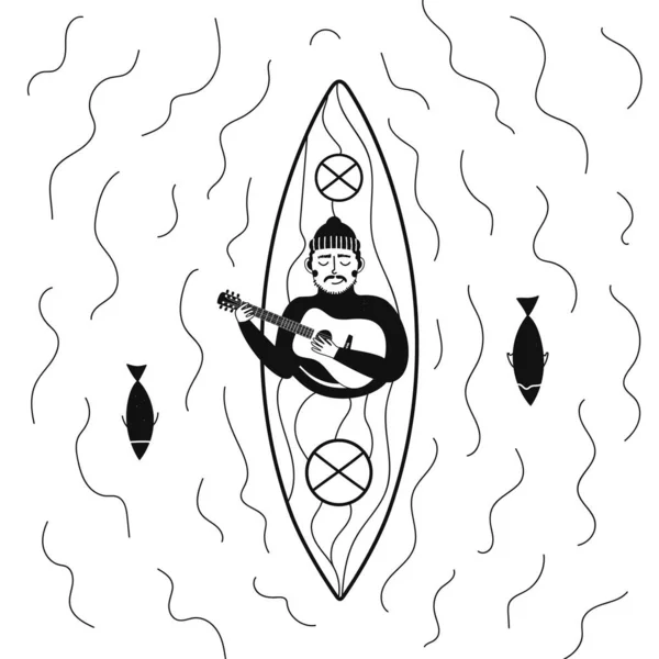 Вдохновляющий Туристический Плакат Уличный Черно Белый Принт Человеком Рыбой Волнами — стоковый вектор