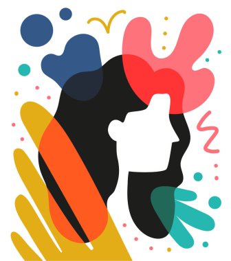 Kadın kafası ve karalama tarzı dekorasyonlu renkli bir poster.