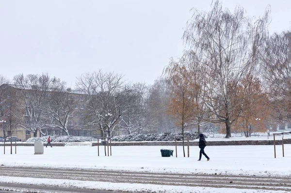 Queda de neve nas ruas da cidade — Fotografia de Stock