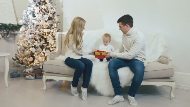 Bella giovane famiglia con un bambino seduto vicino a un albero di Natale decorato — Video Stock