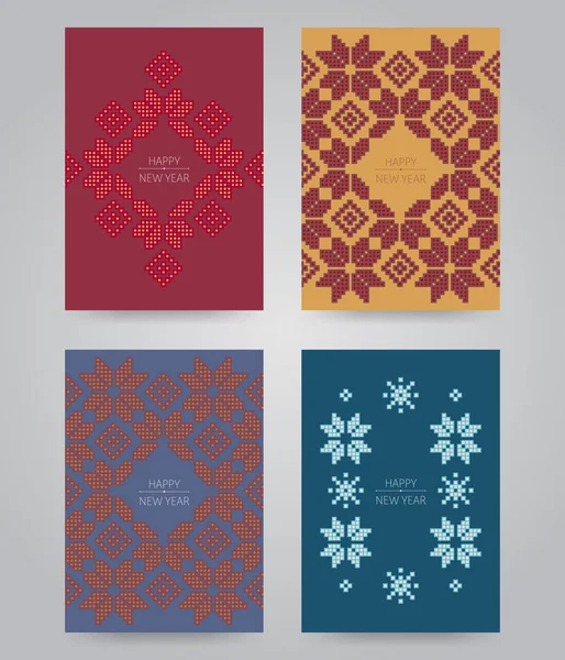 Neujahrs- und Weihnachtskarten-Set. Pixel Schneeflocke und Raute oder — Stockvektor