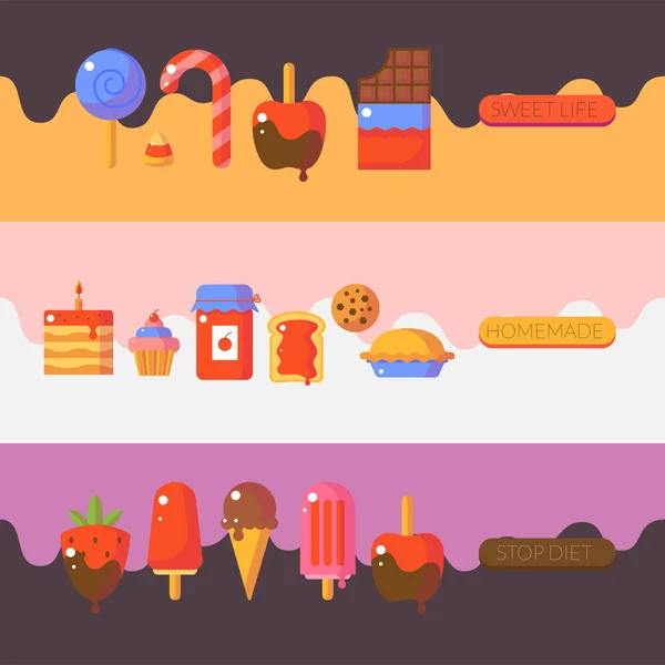 Plantilla de banner para tienda de dulces con fondo líquido y muchos b — Archivo Imágenes Vectoriales