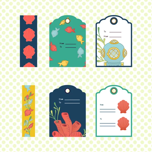 Gift tag and washi tape collection with marine symbols. Can be u — Stockvector