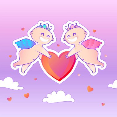Şirin Cupids bulutlarda kalp tutan. Sevgililer günü tebrik 