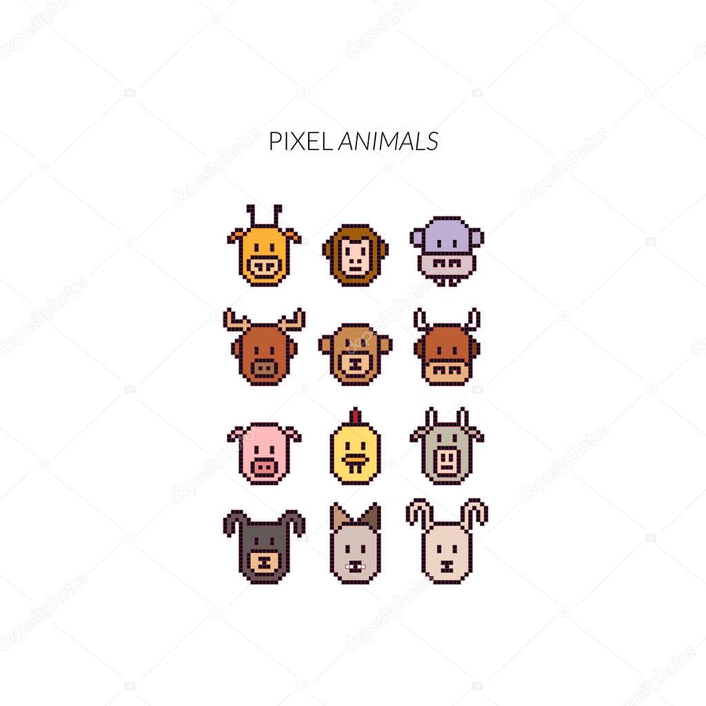 Vector animals face icons set. Colorful pixel art design. 