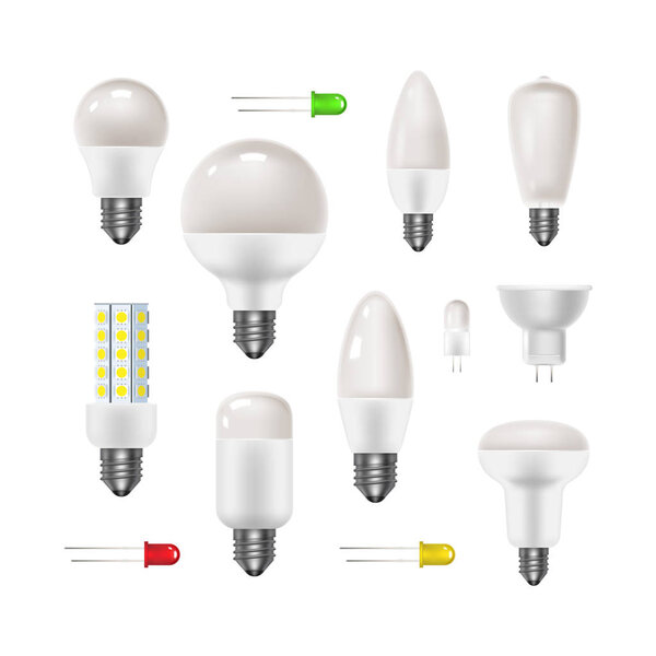 Frosted glass bulb set. Led energy saving lamps. Realistic icon