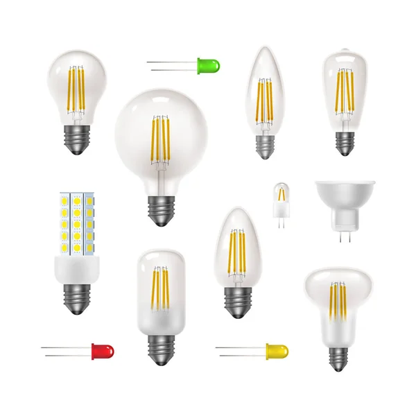 Transparent bulb set. Led energy saving lamps. Realistic icon — Stock Vector
