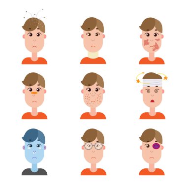 Various disease avatars. Man face made in flat style clipart