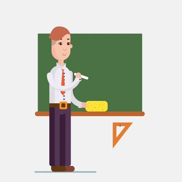 Δάσκαλος που στέκεται μπροστά από το μαυροπίνακα κρατώντας κιμωλία στην τάξη στο σχολείο, κολέγιο ή Πανεπιστήμιο. Επίπεδη σχεδίαση άνθρωποι χαρακτήρες. — Διανυσματικό Αρχείο