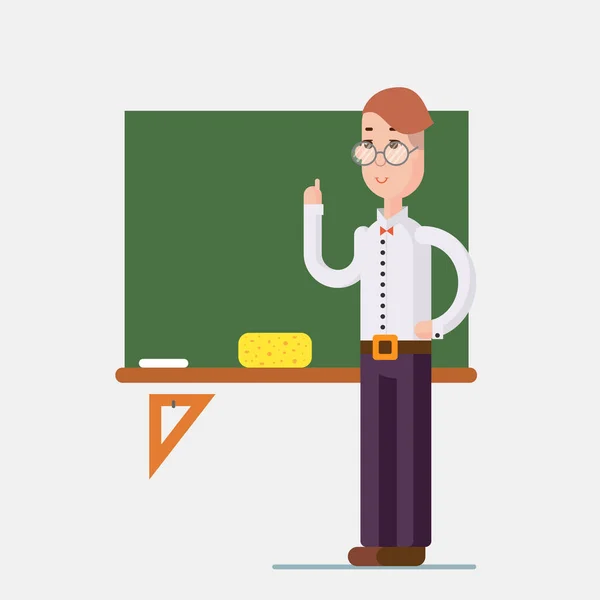 Δάσκαλος που στέκεται μπροστά από το μαυροπίνακα στην τάξη στο σχολείο, κολέγιο ή Πανεπιστήμιο. Επίπεδη σχεδίαση άνθρωποι χαρακτήρες. — Διανυσματικό Αρχείο