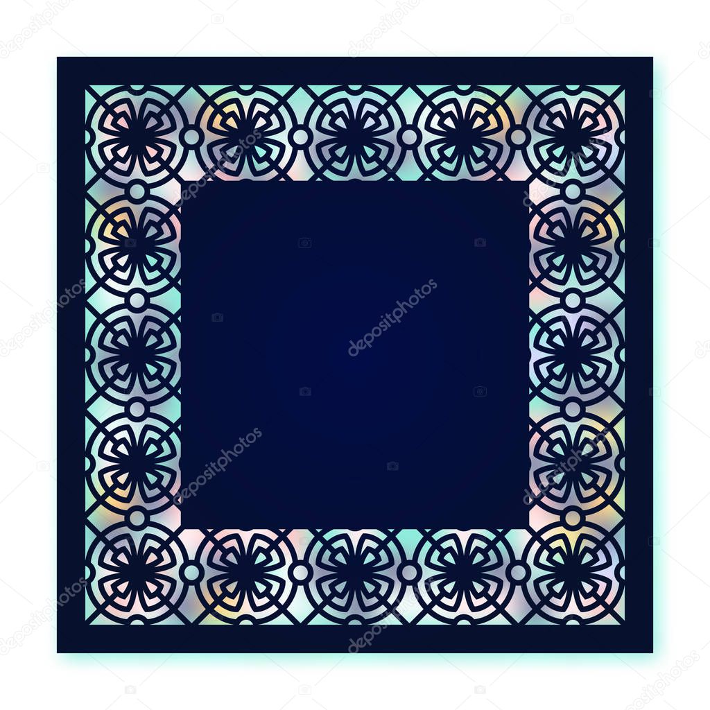 Vector template for laser cutting. Can be used as invitation, envelope, greeting card. Paper craft silhouette. Openwork square frame 