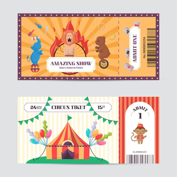 Circus ticket ontwerpsjabloon. Geweldige show met getrainde dieren ingang pass. Uitnodiging verjaardagskaart — Stockvector