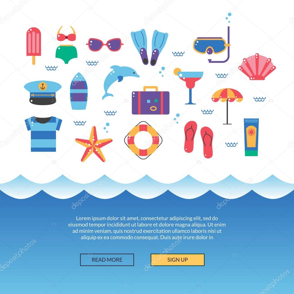 Summer icon illustration poster. Colorful sea vacation concept. Vector flat design pictogram set for flyers, banners, brochure, poster or web