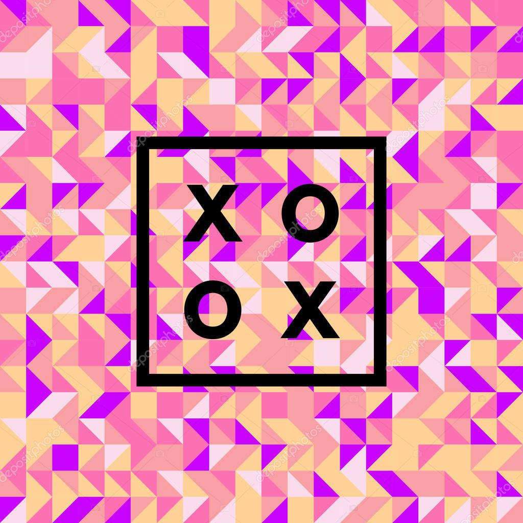 Romantic love XOXO minimal logo in outline frame, vintage modern label on geometric background. Retro package template. Trend layout, art print. Valentine day greeting card