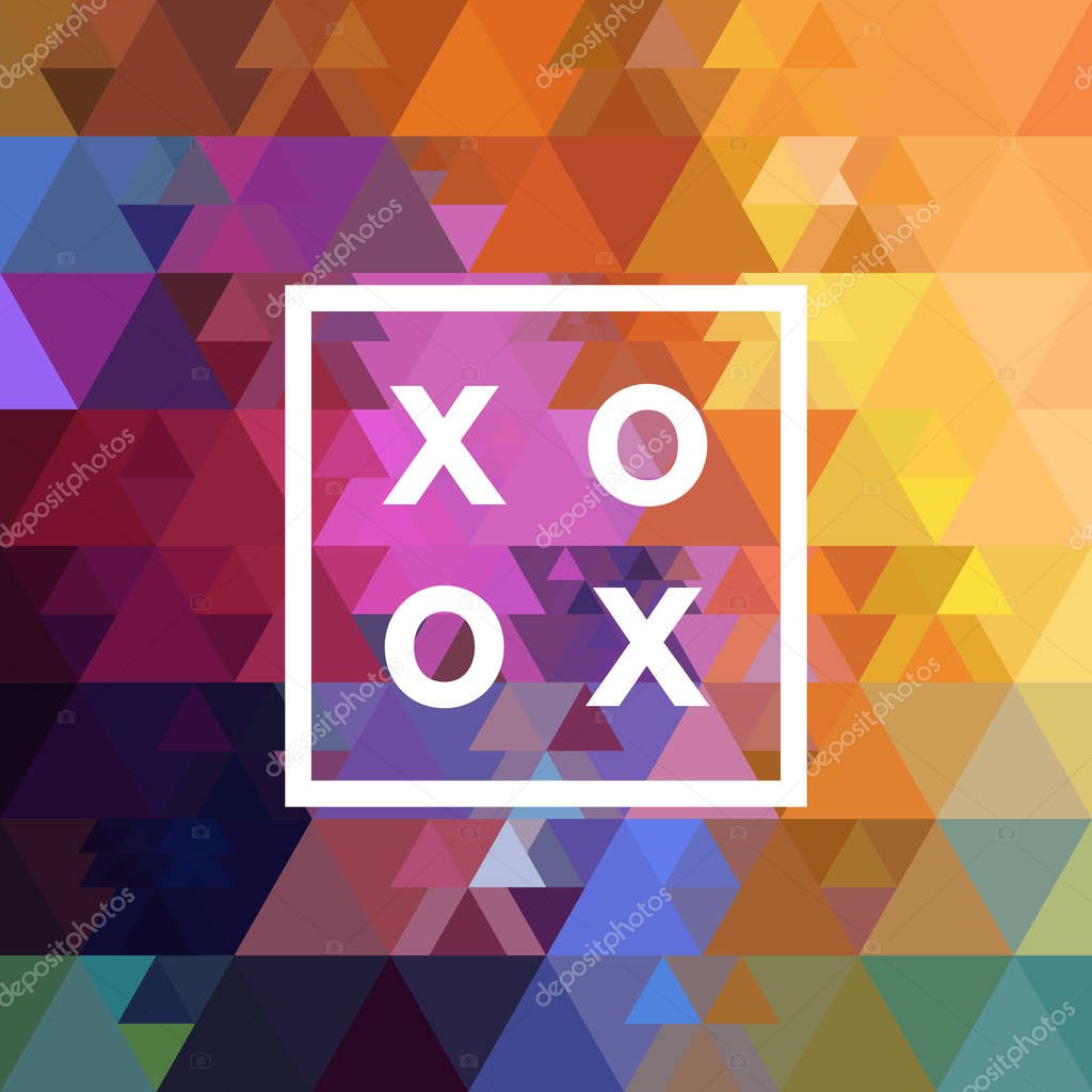 Romantic love XOXO minimal logo in outline frame, vintage modern label on geometric background. Retro package template. Trend layout, art print. Valentine day greeting card