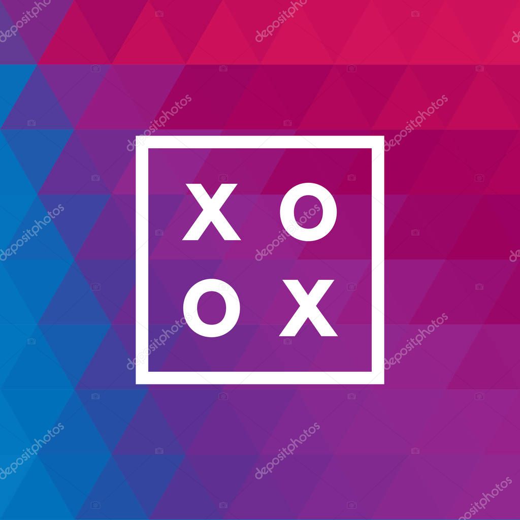 Romantic love XOXO minimal logo in outline frame, vintage modern label on geometric background. Retro package template. Trend layout, art print. Valentine day greeting card