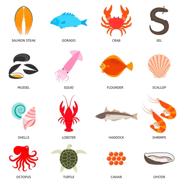 Owoce morza i ryby zestaw ikon — Wektor stockowy