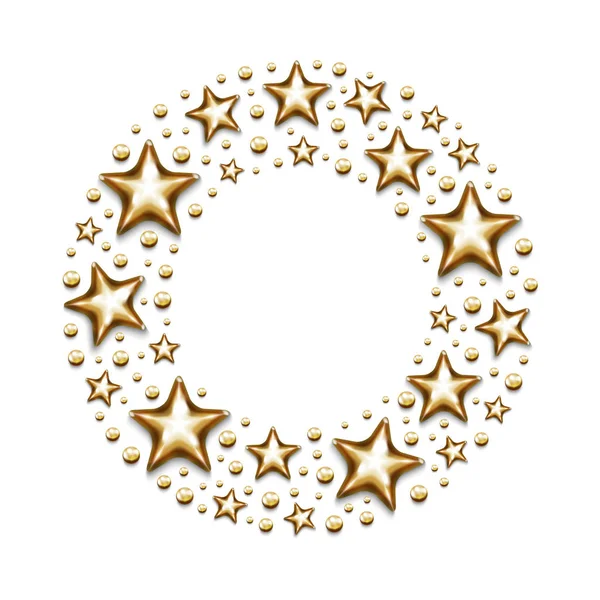 Christmas gold stars and beads in circle on white background. — Stock Vector