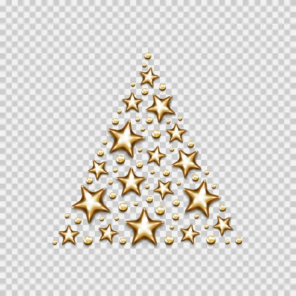 Christmas gold stars and beads in triangle on transparent backgr — Stock Vector