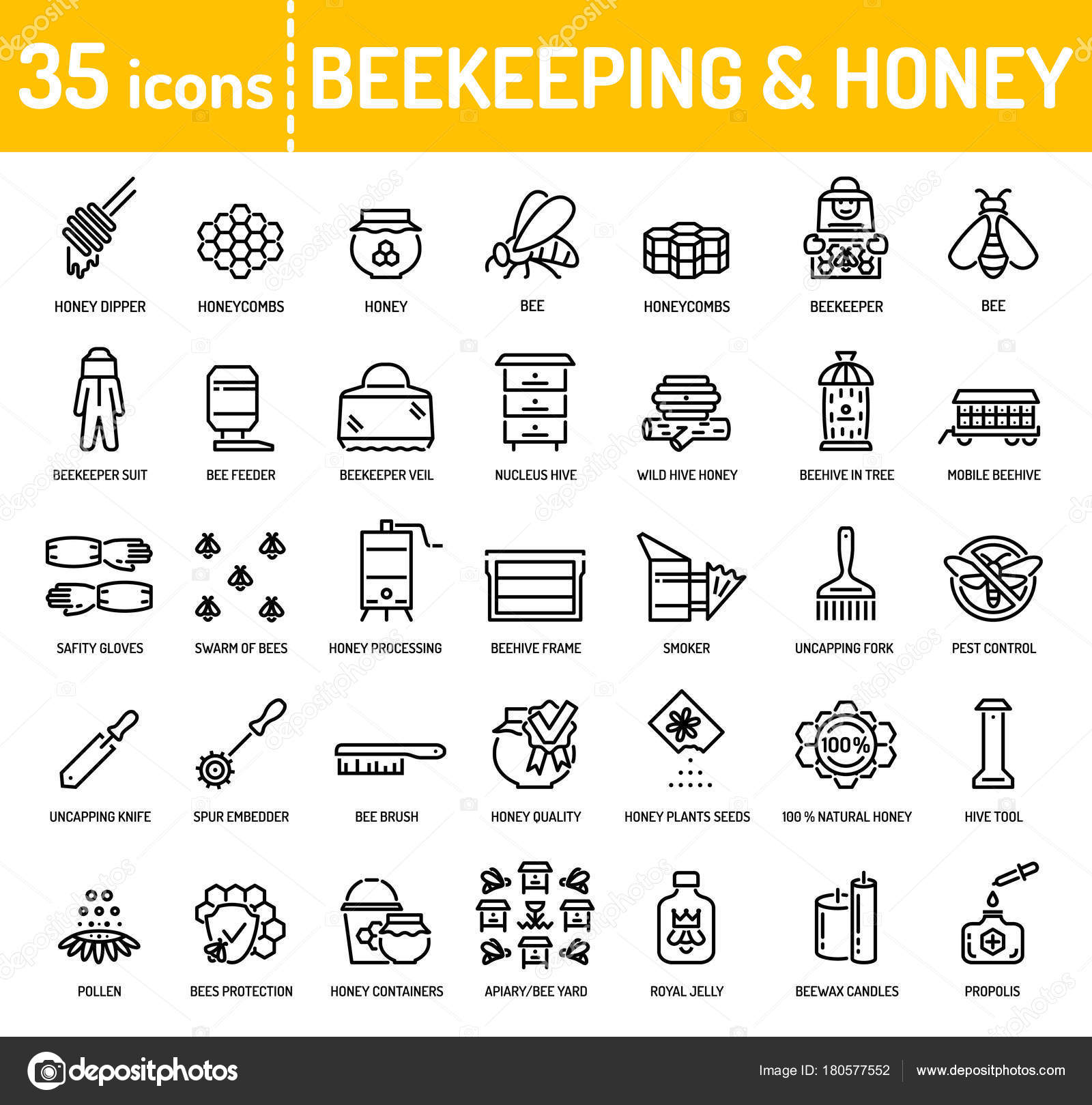 Иконки Линий Пчеловодства Вектор Иллюстрация Векторное Изображение.