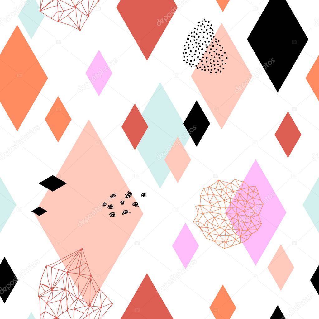 Geometric funky pastel seamless pattern with hand drawn brush strokes and geometric elements, vector, illustration