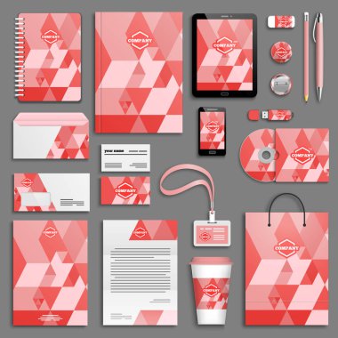 Modaya uygun iş kırtasiye mock-up logolar ve mercan geometrik arka plan, vektör, illüstrasyon