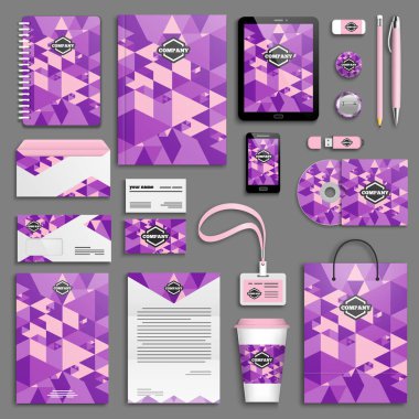Modaya uygun iş kırtasiye mock-up logolar ve ultraviyole geometrik arka plan, vektör, illüstrasyon