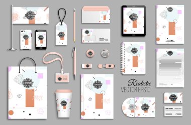 Kurumsal kimlik şablon kümesi. İş kırtasiye mock-up logolu. Marka tasarım. Trendy 80s 90s geometrik funky pembe çıplak pastel ile mavi arka plan elle çizilmiş fırça darbeleri ve karalamalar.