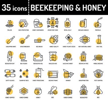 Bal arıcılık ve apiculture çizgi simgeler. İşleme, arıcı donatım araçları, organik ürünler, arı kovanı tatlım. Düzenlenebilir kontur.