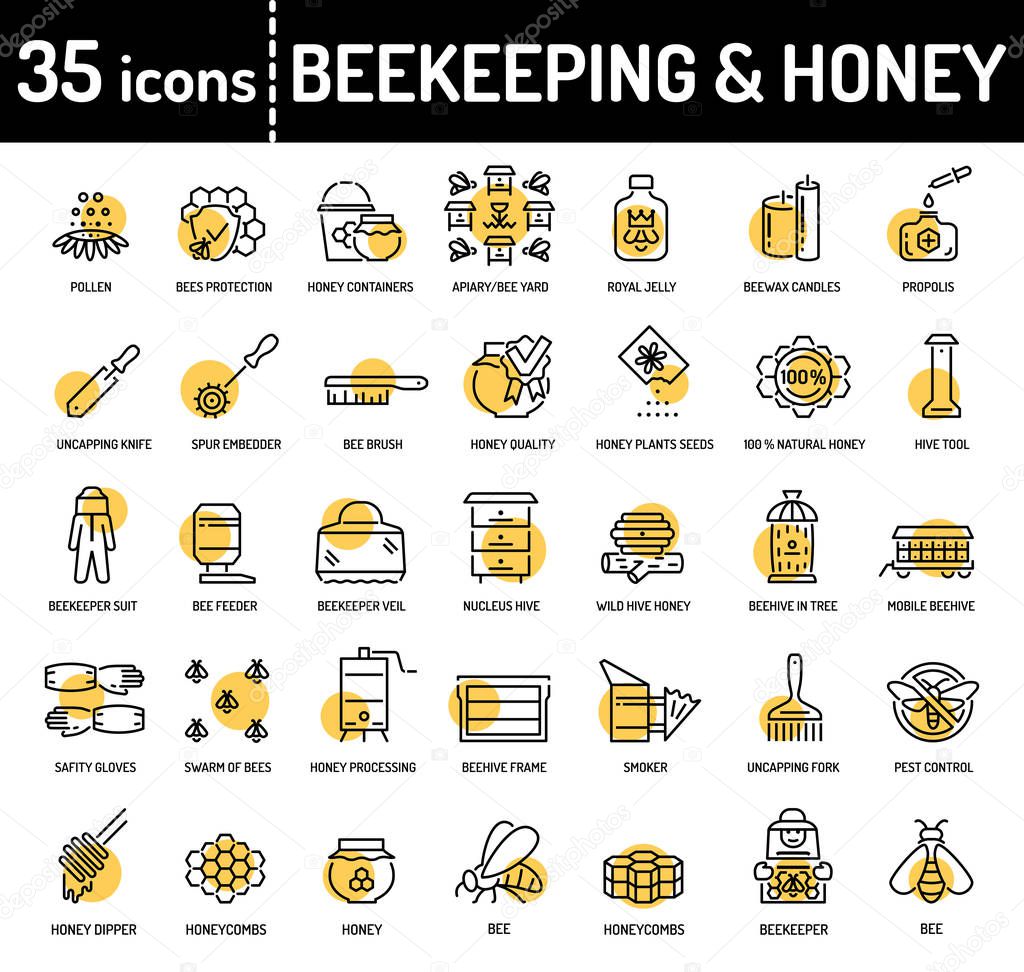 Honey beekeeping and apiculture line icons. Honey processing, beekeeper equipment tools, organic products, apiary. Editable stroke.