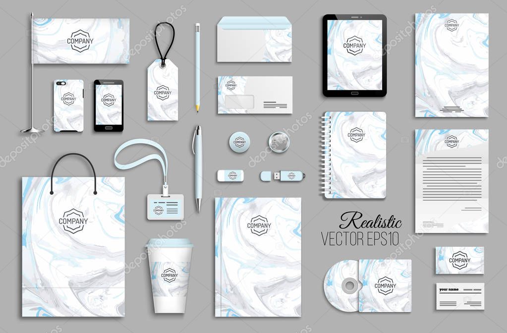 Corporate identity template set. Business stationery mock-up with logo. Branding design. Colorful marble background.