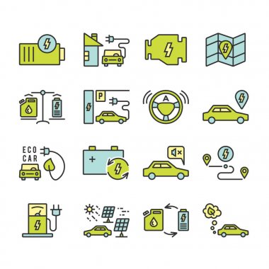 Elektrikli otomobil outine Icons set
