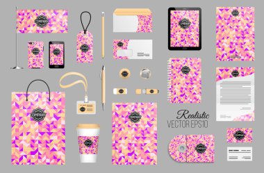 vektör çizim tasarım kurumsal kimlik şablon kümesi. İş kırtasiye mock-up logolu. Marka tasarım. Renkli geometrik arka plan.